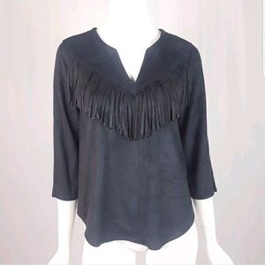 NWT Express Women Sz Small Black Faux Suede Fringe 3/4 Sleeve Top Boho Festival